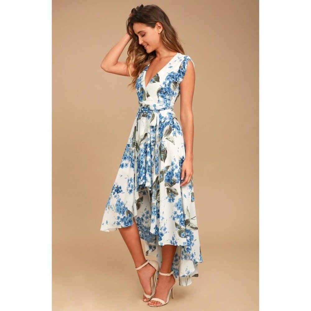 Lulus French Countryside White Floral Print High-low Dress Blue - Size XL